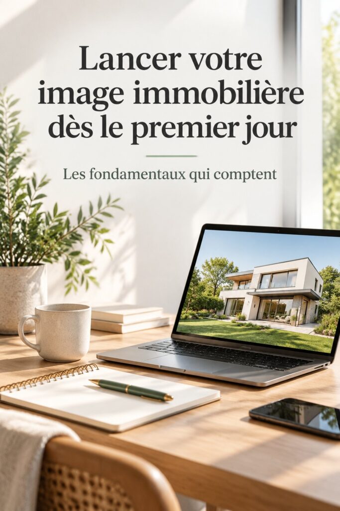 Une femme d'affaires souriante qui présente sa marque immobilière dans un bureau élégant.