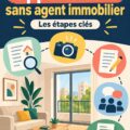 Femme heureuse tenant une pancarte 'à vendre' devant son appartement