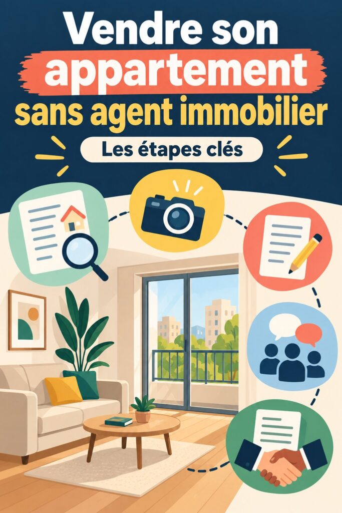 Femme heureuse tenant une pancarte 'à vendre' devant son appartement